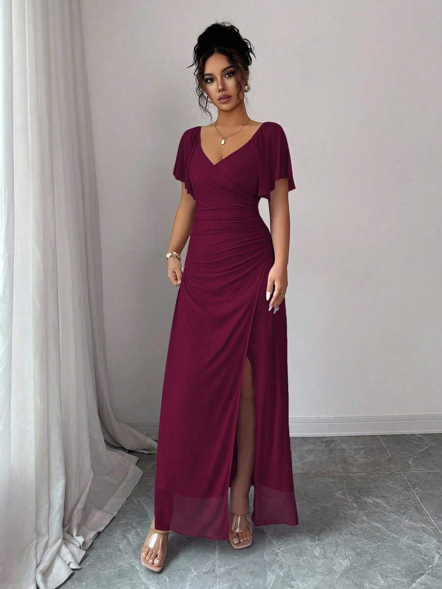 V-Neck Short Sleeve Ruched Wrap Maxi Wedding Guest Dress — photo 1