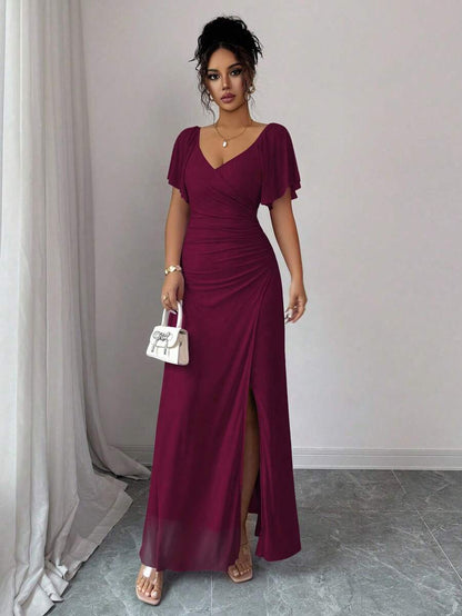 V-Neck Short Sleeve Ruched Wrap Maxi Wedding Guest Dress — photo 10