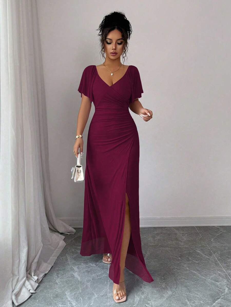 V-Neck Short Sleeve Ruched Wrap Maxi Wedding Guest Dress — photo 11