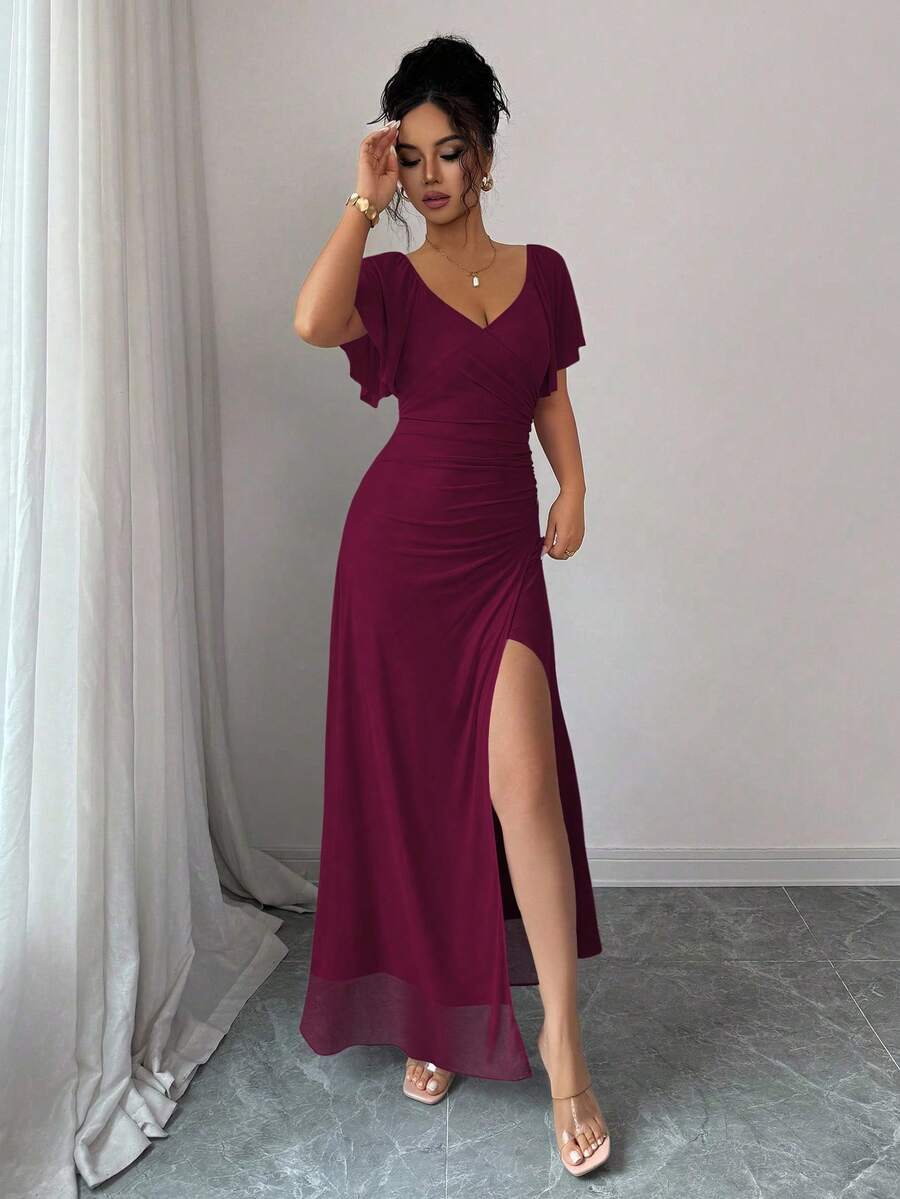 V-Neck Short Sleeve Ruched Wrap Maxi Wedding Guest Dress — photo 12