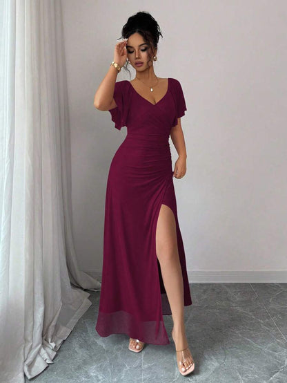 V-Neck Short Sleeve Ruched Wrap Maxi Wedding Guest Dress — photo 12