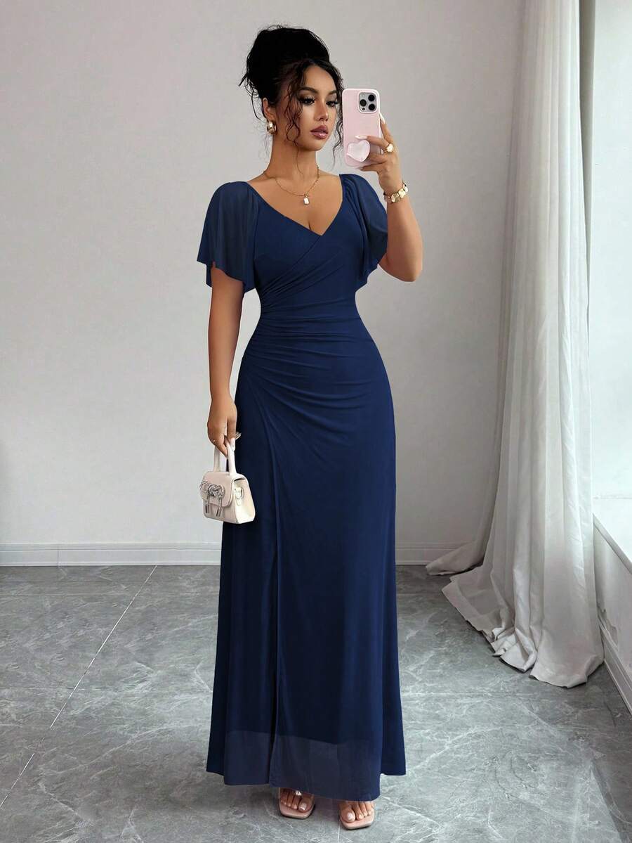V-Neck Short Sleeve Ruched Wrap Maxi Wedding Guest Dress — photo 31