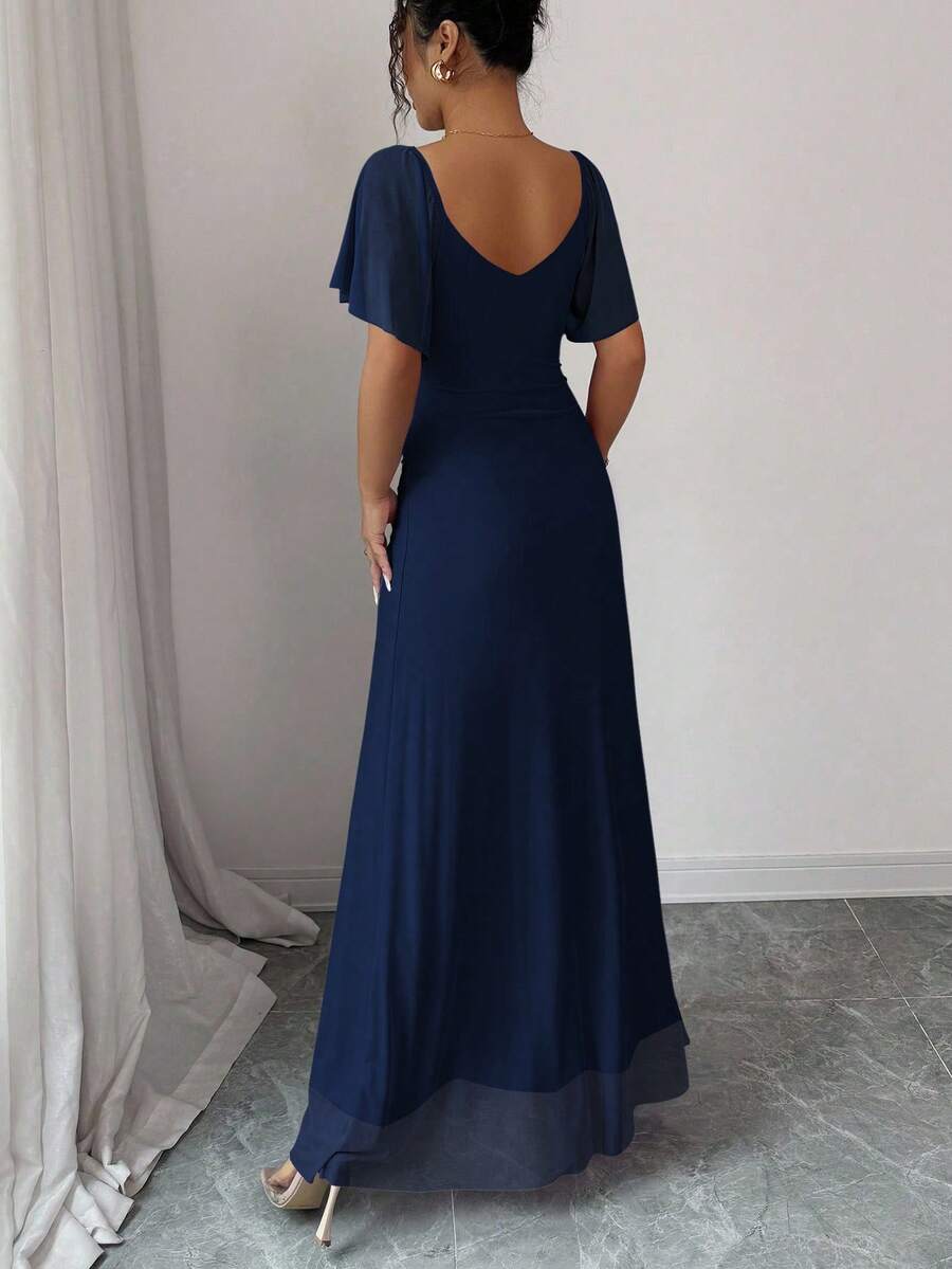 V-Neck Short Sleeve Ruched Wrap Maxi Wedding Guest Dress — photo 32