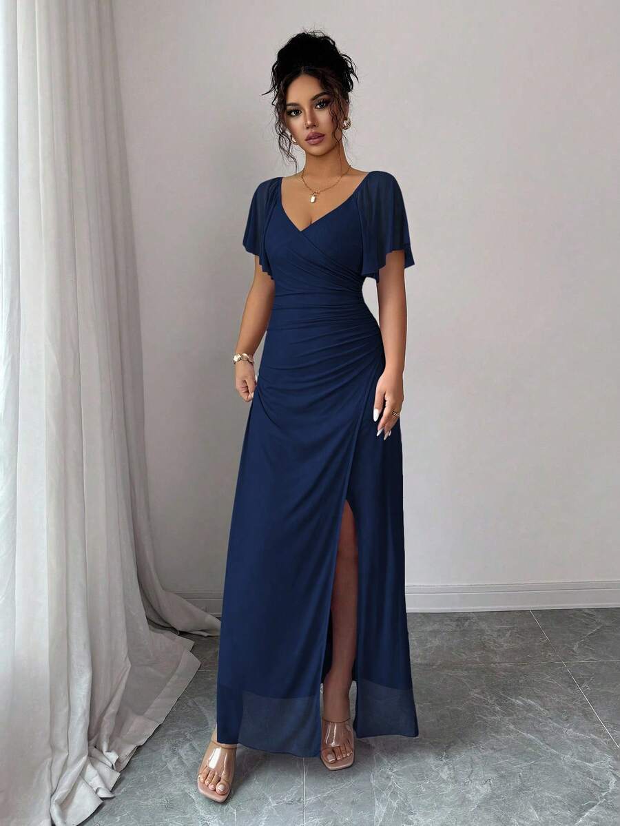 V-Neck Short Sleeve Ruched Wrap Maxi Wedding Guest Dress — photo 33