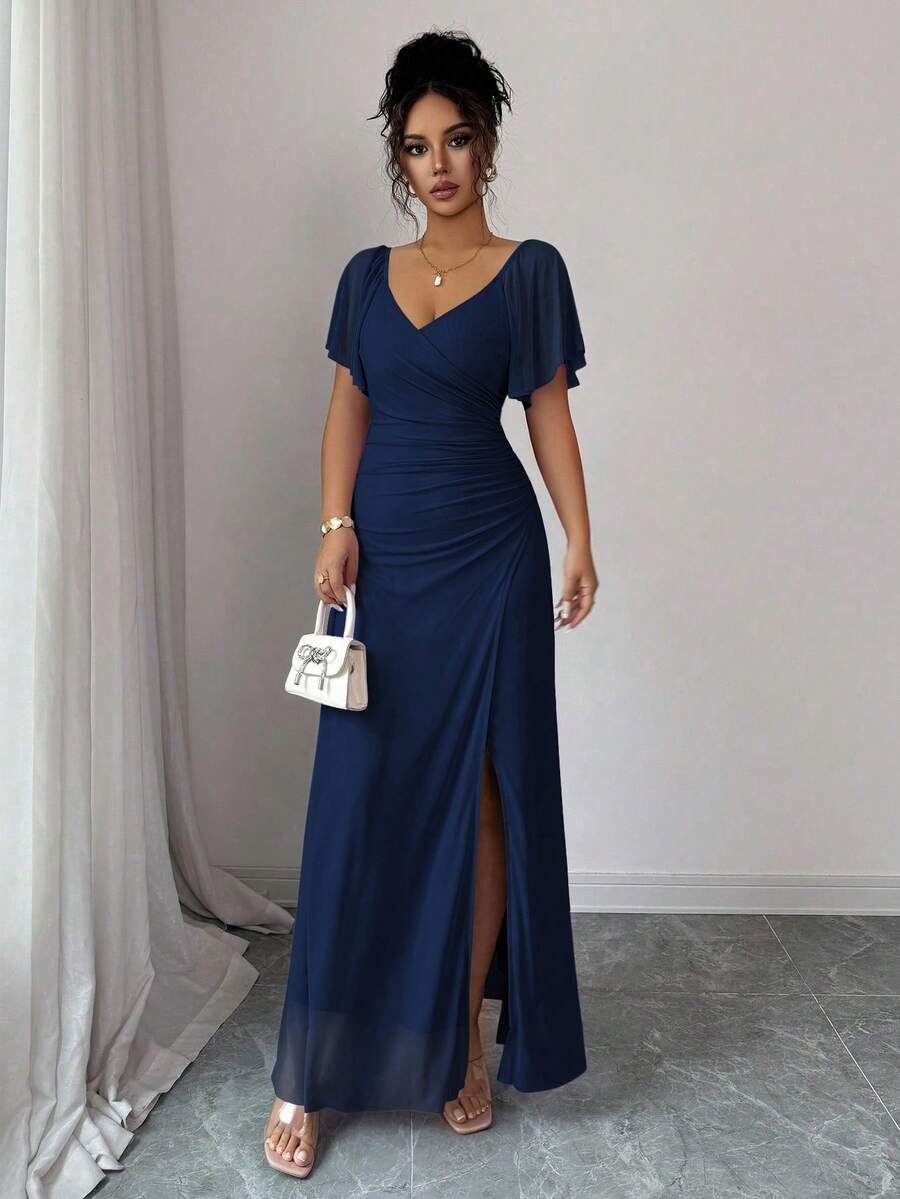 V-Neck Short Sleeve Ruched Wrap Maxi Wedding Guest Dress — photo 36