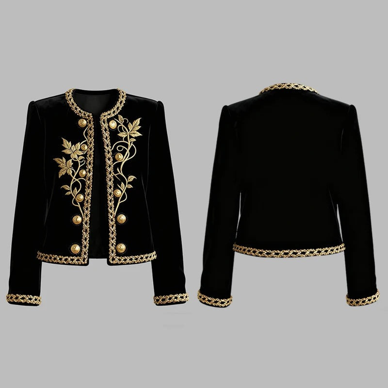 Women's Black Velvet Jacket – Gold Floral Embroidered Long Sleeve Button-Up Coat — photo 2