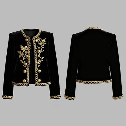 Women's Black Velvet Jacket – Gold Floral Embroidered Long Sleeve Button-Up Coat — photo 2