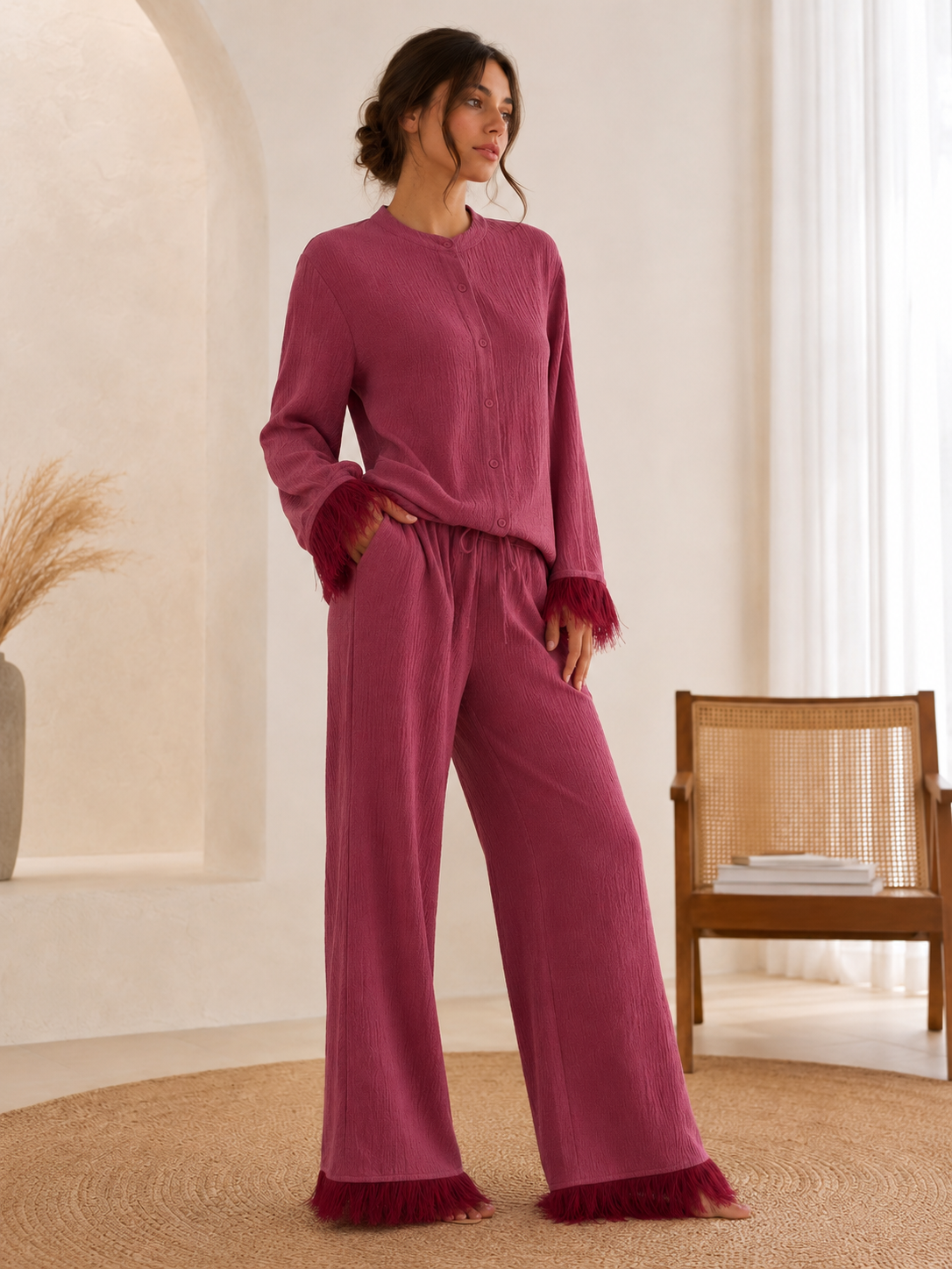 Women's Sequin Co-ord Set with Feather Trim Top and Wide Leg Trousers | Two Piece Evening Party Outfit for Festive Events — photo 1