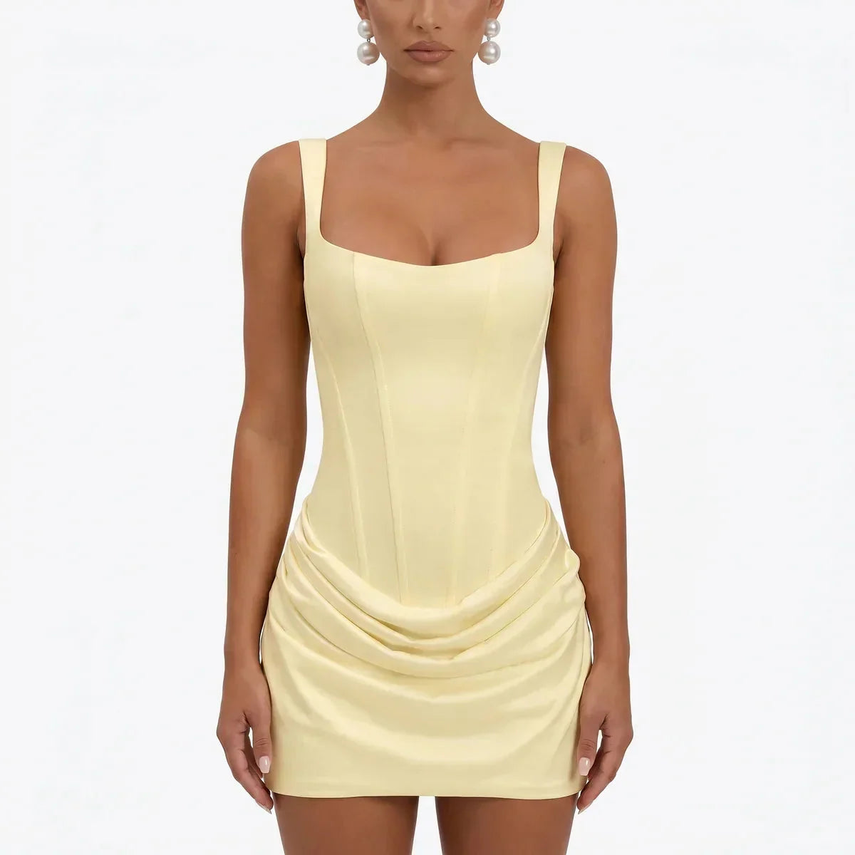 Square Neck Ruched Corset Satin Bodycon Mini Dress — photo 1