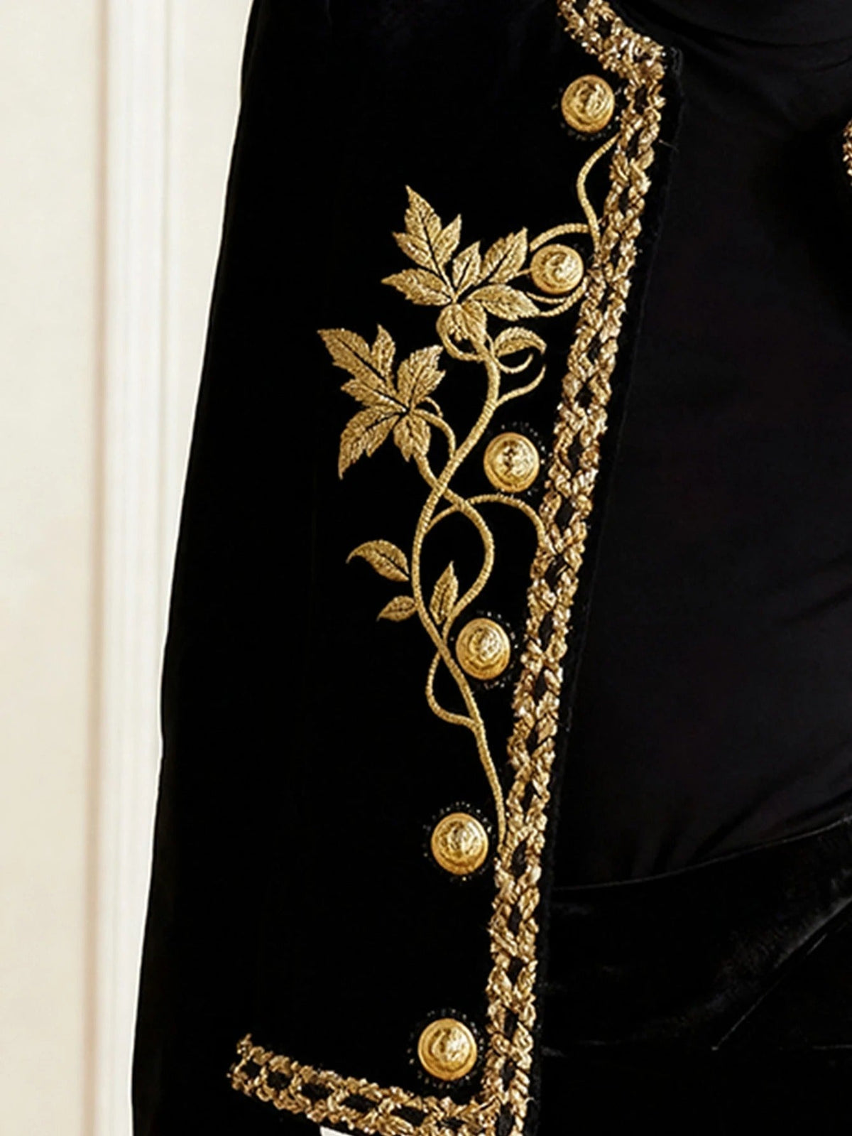 Women's Black Velvet Jacket – Gold Floral Embroidered Long Sleeve Button-Up Coat — photo 4