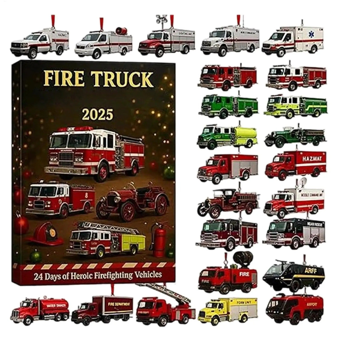 Fire Truck Advent Calendar 2025 – 24-Day Firefighting Vehicle Acrylic Ornaments — photo 1