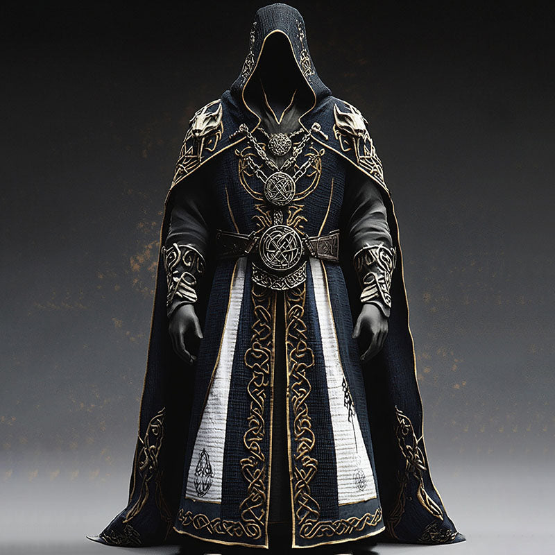 Men's Black Hooded Medieval Robe with Celtic Embroidery, Halloween Costume — photo 1