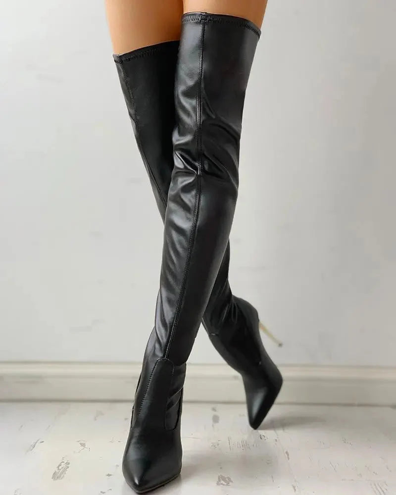 Stiletto Pointed Toe Leather Zip Up Thigh High Boots — photo 1