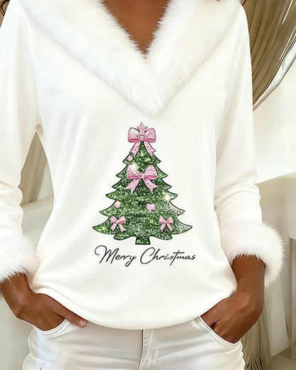 Women's V-Neck Christmas Sweater with Faux Fur Trim and Festive Tree Pattern | Long Sleeve Holiday Party Jumper for Winter — photo 4