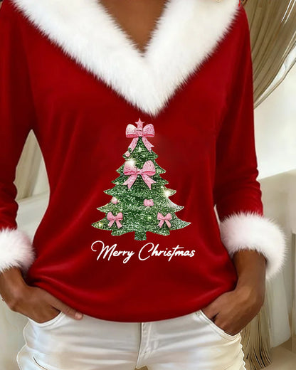 Women's V-Neck Christmas Sweater with Faux Fur Trim and Festive Tree Pattern | Long Sleeve Holiday Party Jumper for Winter — photo 6