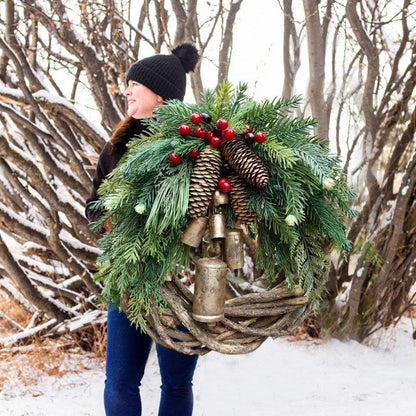 Farmhouse Christmas Wreath Boho Rustic Vine Wreath with Pinecones Berries and Golden Bells 17 Inch — photo 2