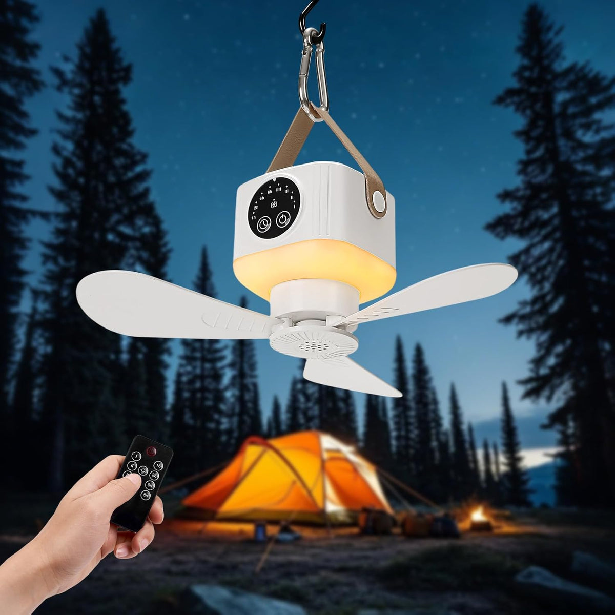 Rechargeable Camping Fan with LED Lantern, Remote Control, 3 Speeds and Timer, Hanging Tent Fan — photo 2