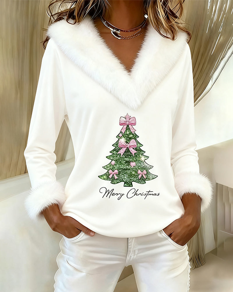 Women's V-Neck Christmas Sweater with Faux Fur Trim and Festive Tree Pattern | Long Sleeve Holiday Party Jumper for Winter — photo 3