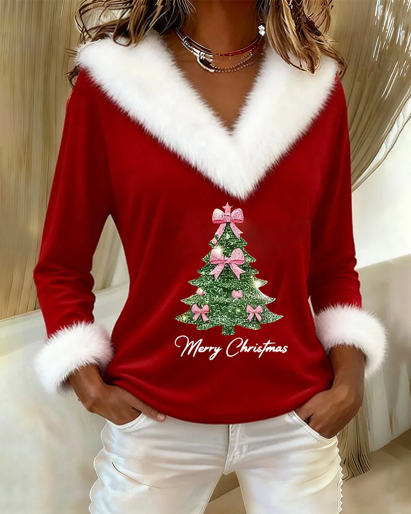 Women's V-Neck Christmas Sweater with Faux Fur Trim and Festive Tree Pattern | Long Sleeve Holiday Party Jumper for Winter — photo 2