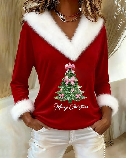 Women's V-Neck Christmas Sweater with Faux Fur Trim and Festive Tree Pattern | Long Sleeve Holiday Party Jumper for Winter — photo 2