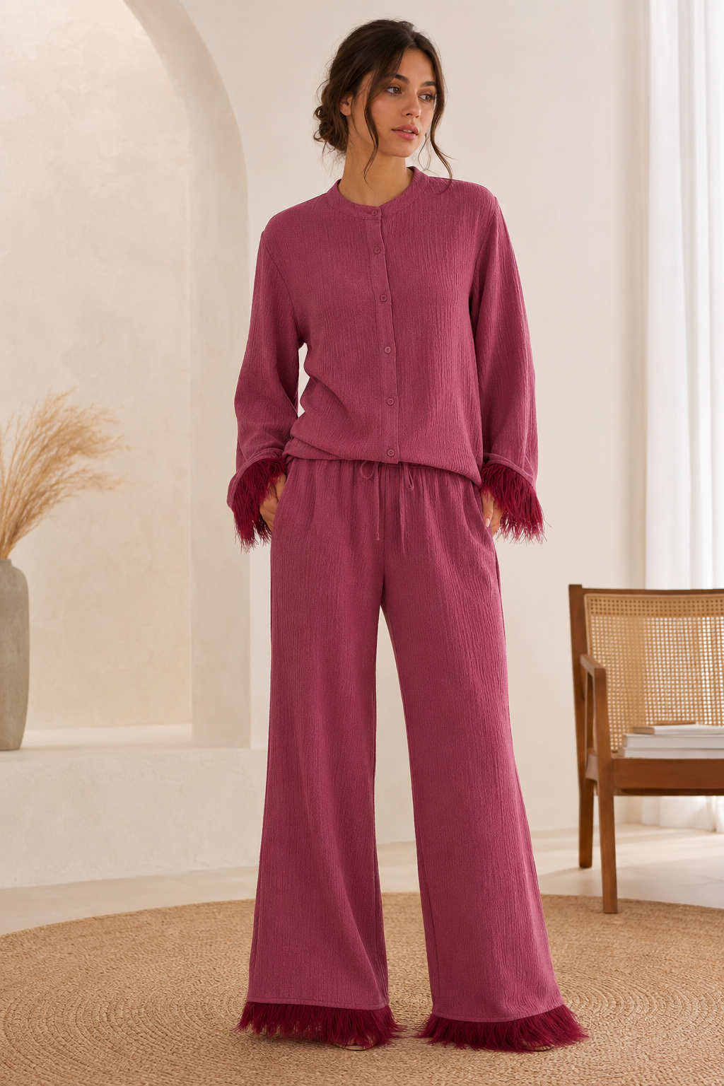 Women's Sequin Co-ord Set with Feather Trim Top and Wide Leg Trousers | Two Piece Evening Party Outfit for Festive Events — photo 2