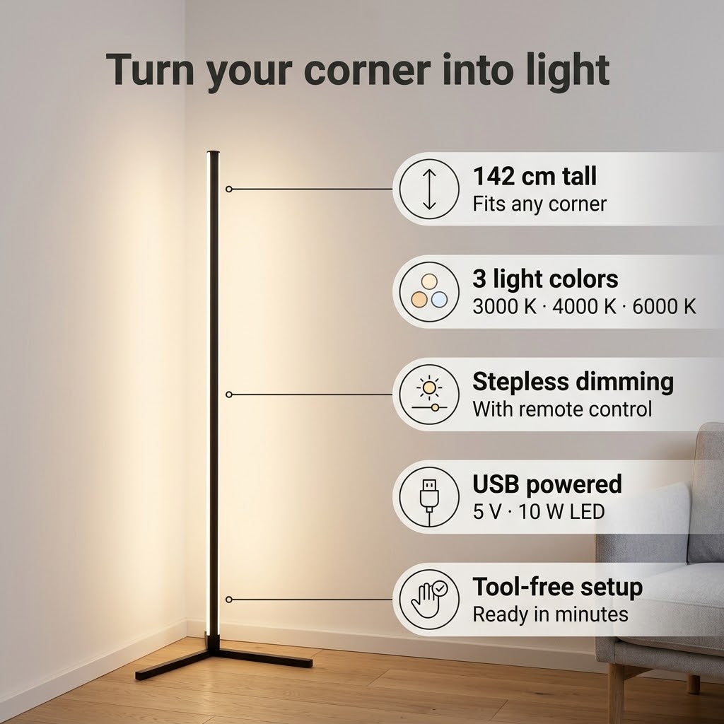 142 cm LED Corner Floor Lamp, Dimmable, 3 Light Colours, with Remote Control — photo 8