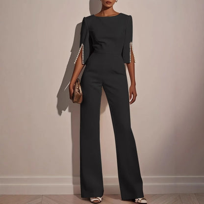 Womens Wide Leg Jumpsuit with Pearl Detail and Split Sleeves — photo 3
