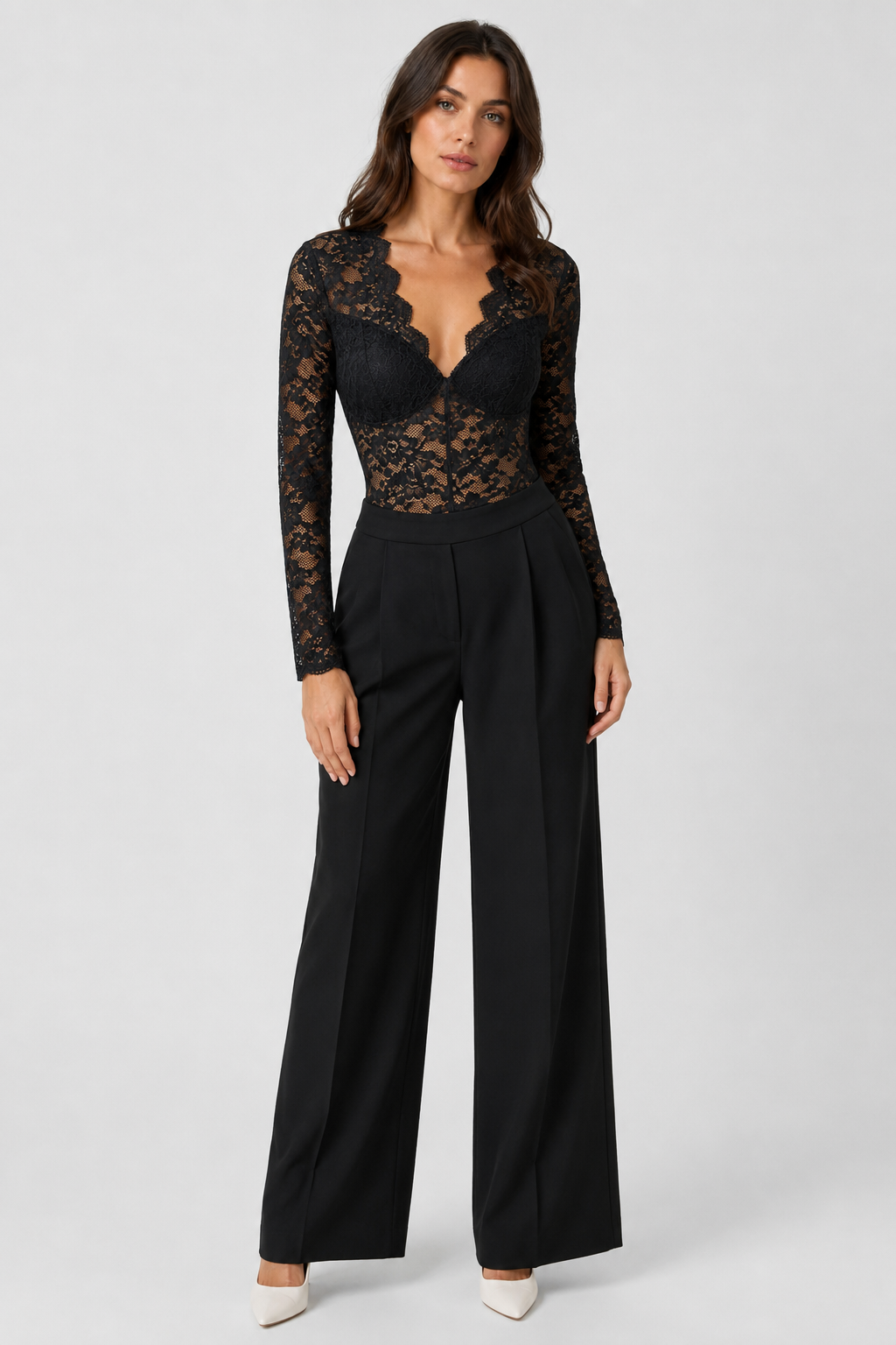 Women's Lace Bodysuit with V-Neck, Long Sheer Sleeves and Fitted Cut — photo 2