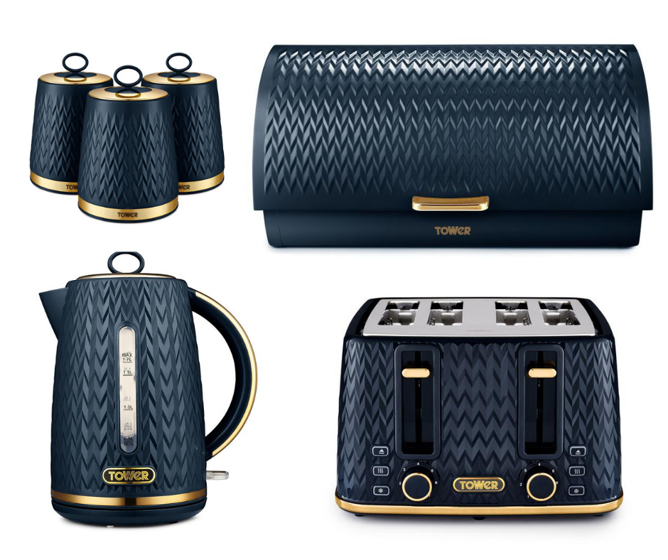 TOWER Empire Blue Jug Kettle, 4 Slice Toaster, Bread Bin & Canisters Matching Set in Midnight Blue with Brass Accents — photo 1