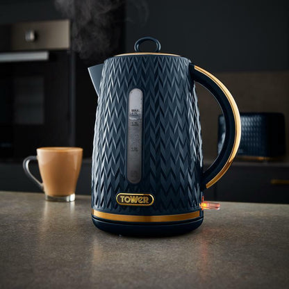 TOWER Empire Blue Jug Kettle, 4 Slice Toaster, Bread Bin & Canisters Matching Set in Midnight Blue with Brass Accents — photo 7