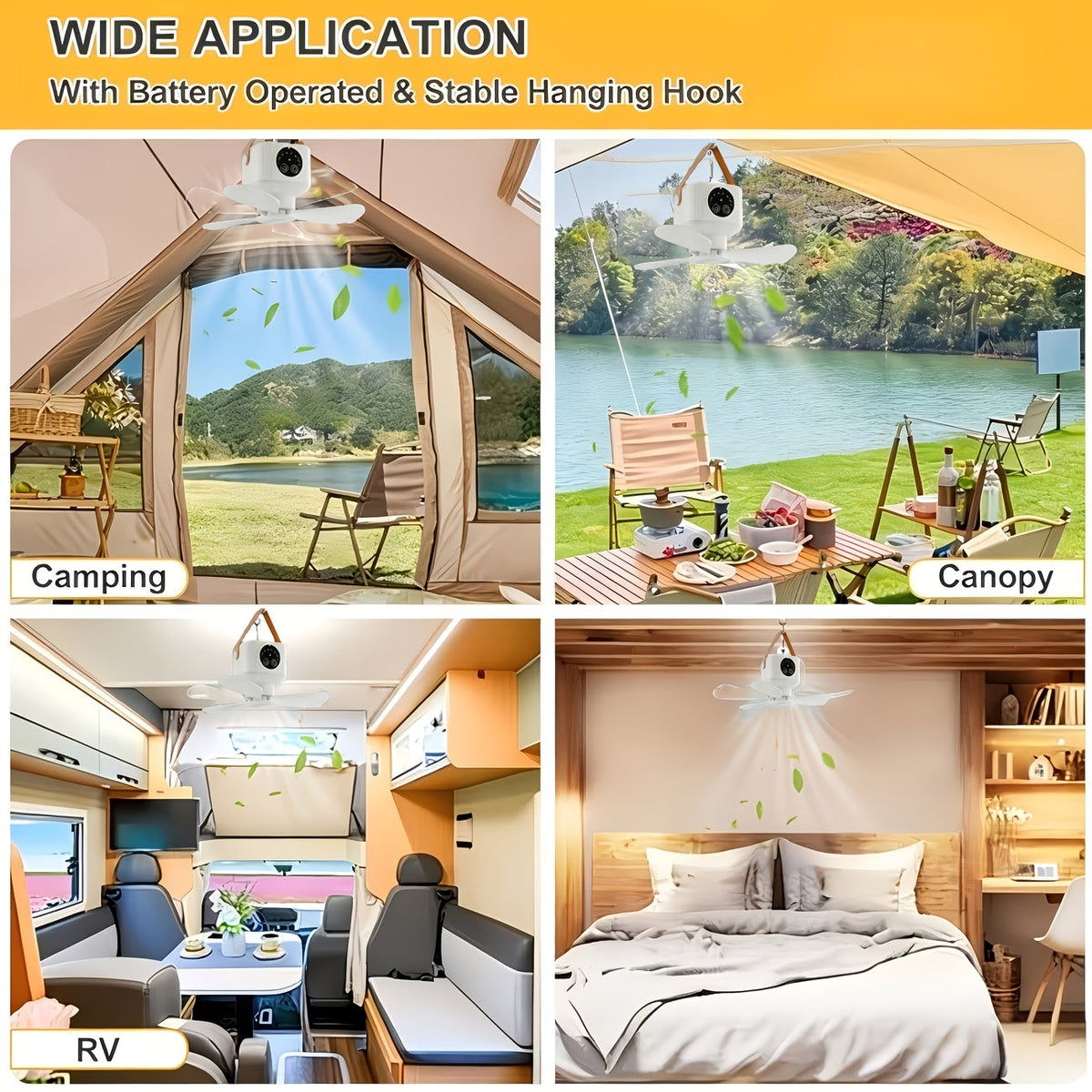 Rechargeable Camping Fan with LED Lantern, Remote Control, 3 Speeds and Timer, Hanging Tent Fan — photo 11
