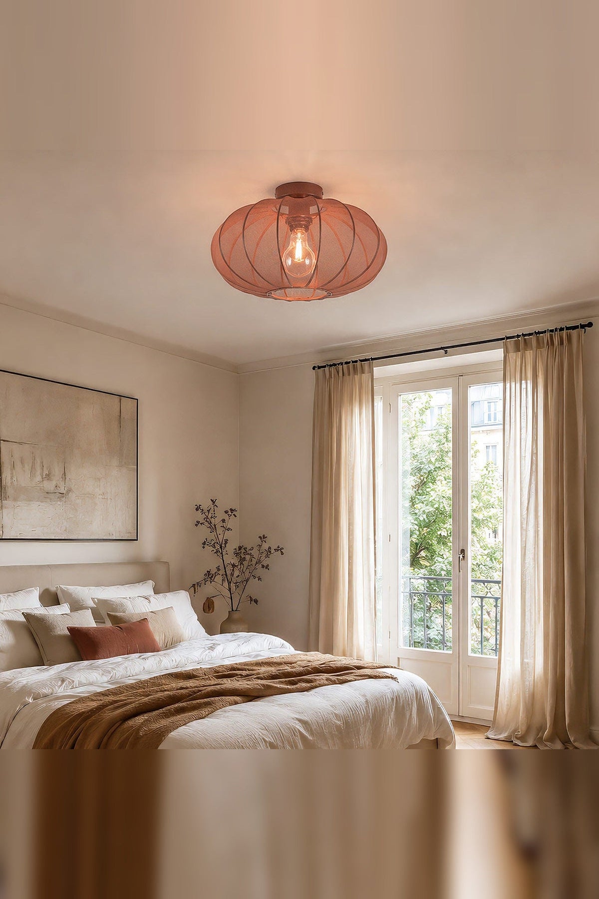 Round Mesh Ceiling Light – Terracotta Pink, Sheer Fabric Panels, Open Base — photo 1