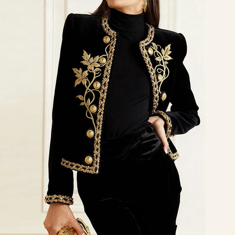 Women's Black Velvet Jacket – Gold Floral Embroidered Long Sleeve Button-Up Coat — photo 1