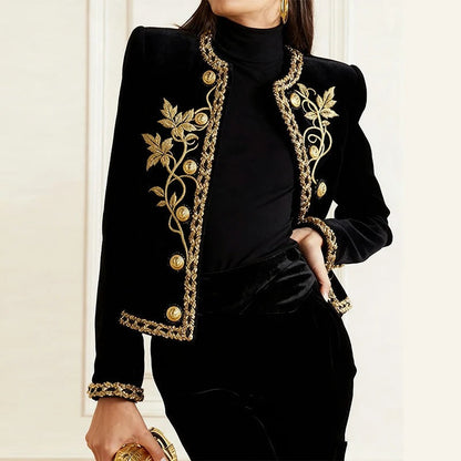 Women's Black Velvet Jacket – Gold Floral Embroidered Long Sleeve Button-Up Coat — photo 1