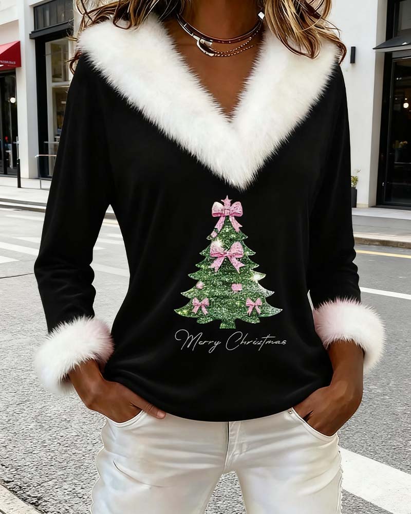 Women's V-Neck Christmas Sweater with Faux Fur Trim and Festive Tree Pattern | Long Sleeve Holiday Party Jumper for Winter — photo 9