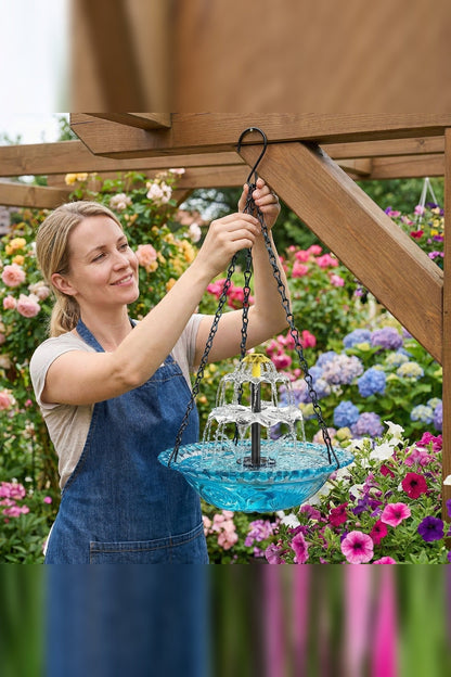 Hanging Bird Bath with Solar Fountain – Glass Bowl on a Chain — photo 7