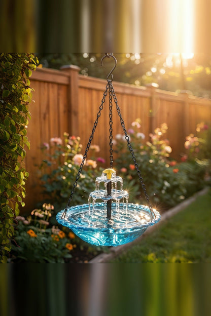 Hanging Bird Bath with Solar Fountain – Glass Bowl on a Chain — photo 5