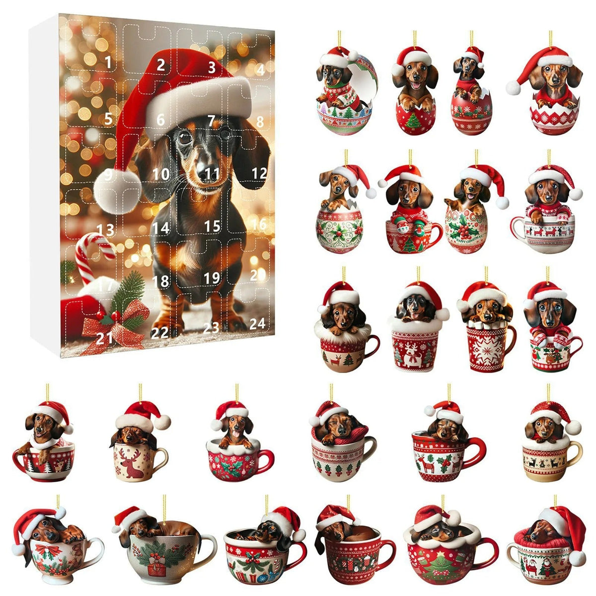 2026 Christmas 24 Day Advent Calendar 2D Acrylic Dachshund Christmas Tree Hanging Ornament — photo 2