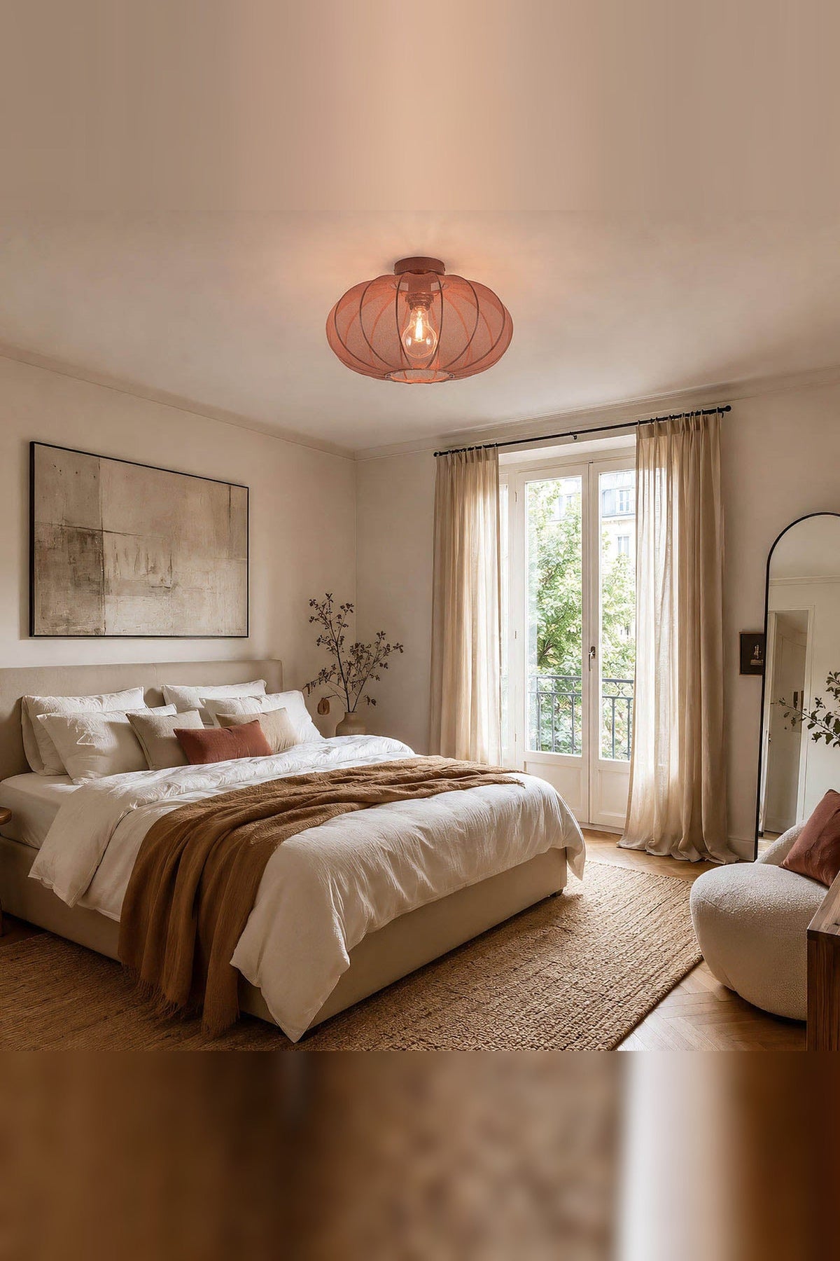 Round Mesh Ceiling Light – Terracotta Pink, Sheer Fabric Panels, Open Base — photo 4