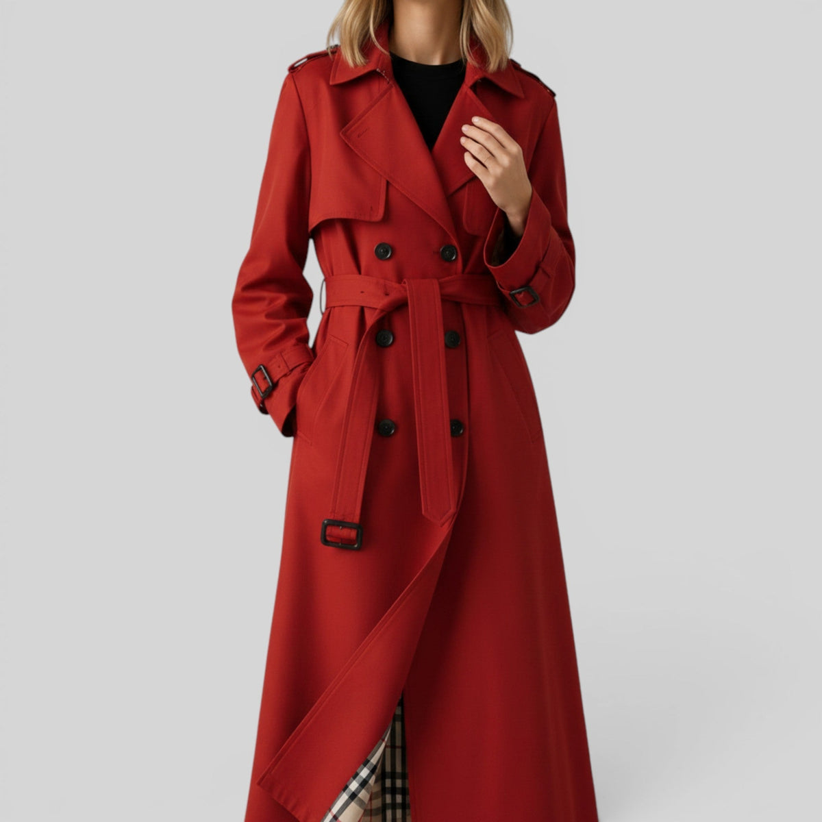 Double Breasted Belted Maxi Trench Coat with Storm Flap — photo 5