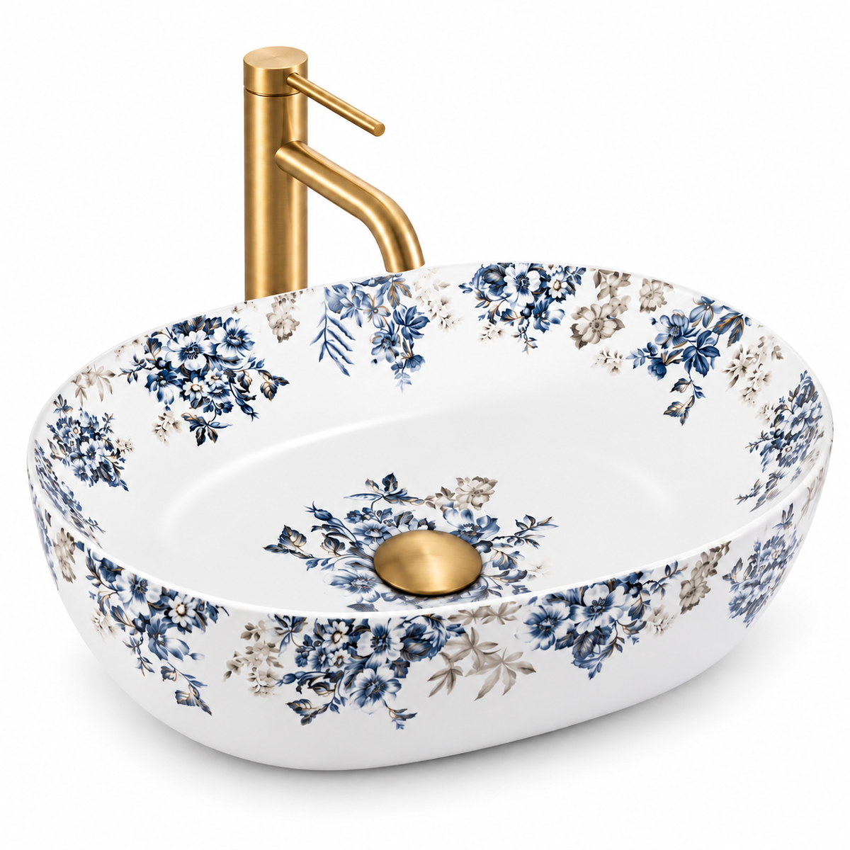 Oval Floral Ceramic Counter-top Basin – Matt White and Blue — photo 1