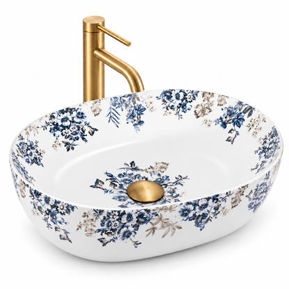 Oval Floral Ceramic Counter-top Basin – Matt White and Blue — photo 1