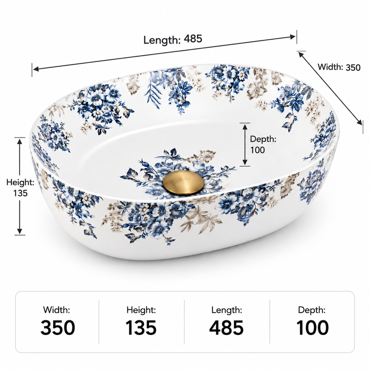 Oval Floral Ceramic Counter-top Basin – Matt White and Blue — photo 2