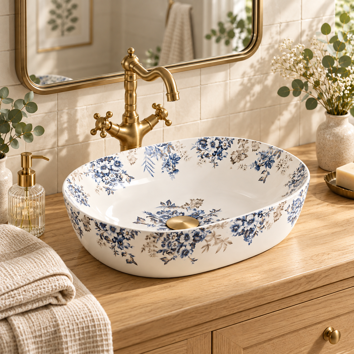 Oval Floral Ceramic Counter-top Basin – Matt White and Blue — photo 3