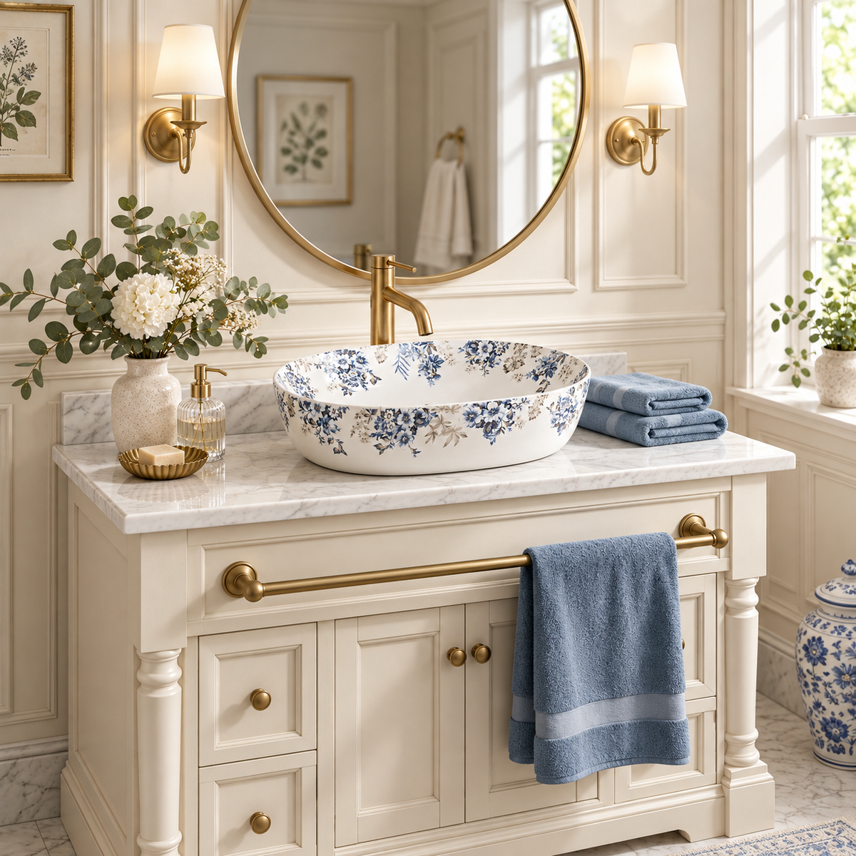 Oval Floral Ceramic Counter-top Basin – Matt White and Blue — photo 4