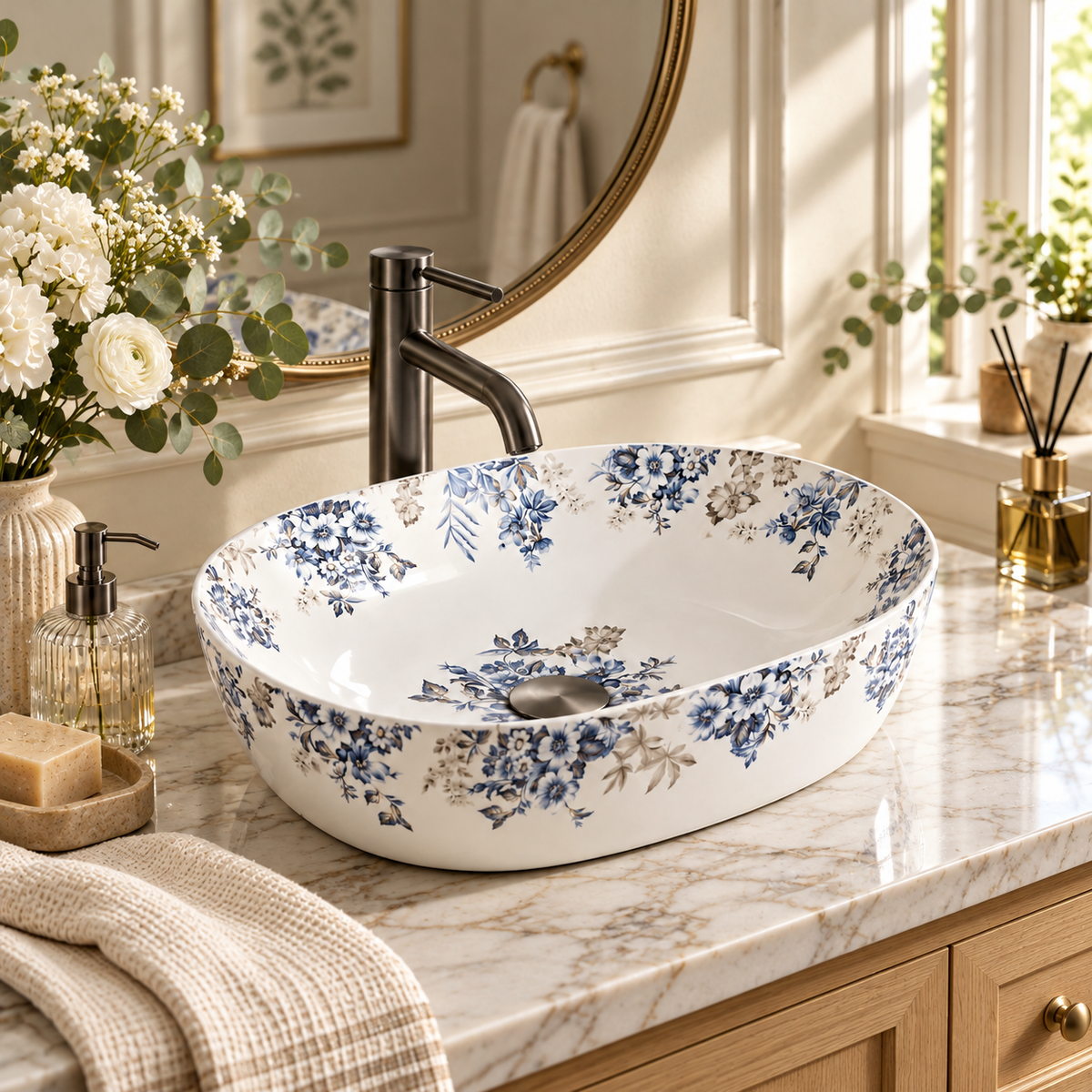 Oval Floral Ceramic Counter-top Basin – Matt White and Blue — photo 5