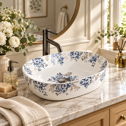 Oval Floral Ceramic Counter-top Basin – Matt White and Blue — photo 5