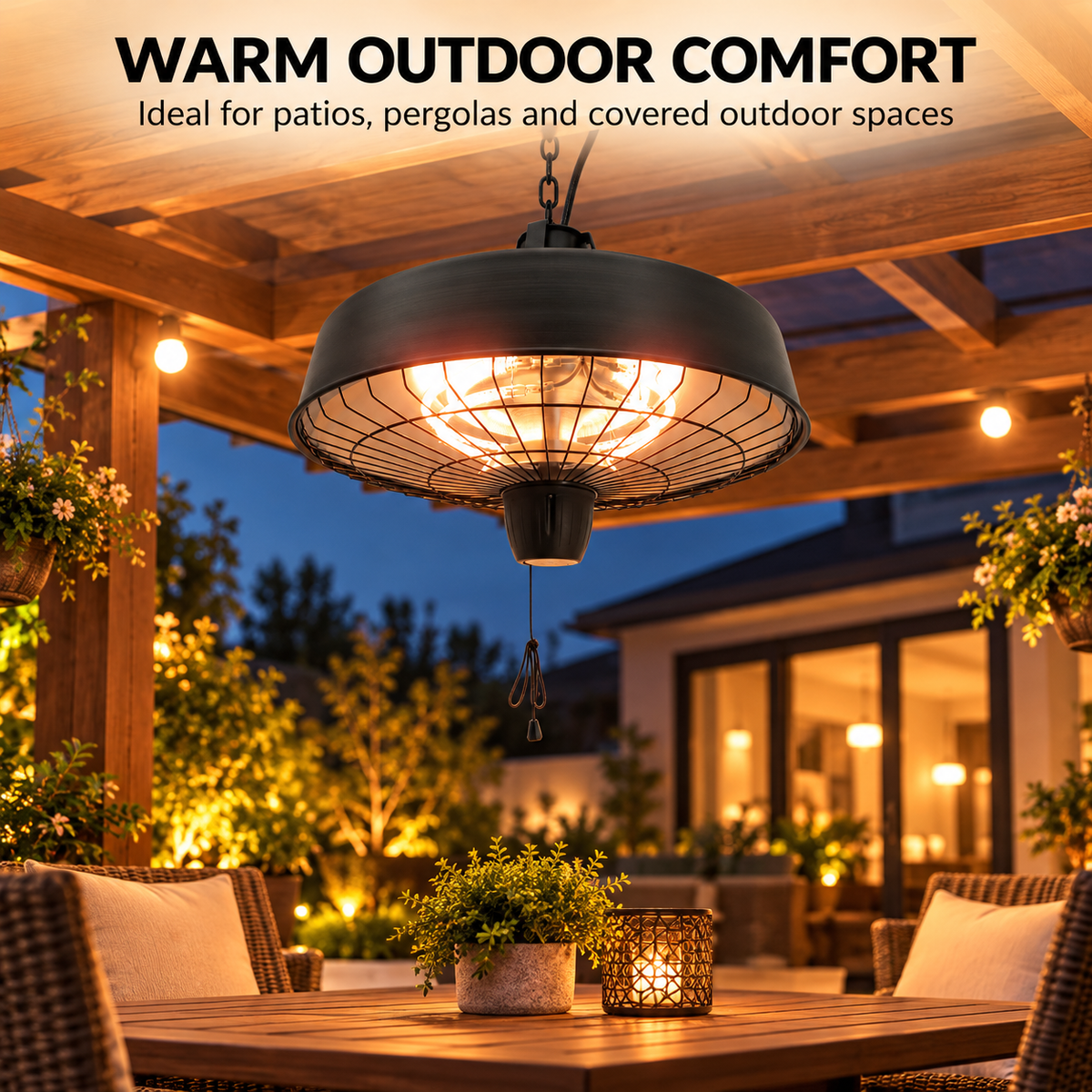 2500W Hanging Infrared Halogen Patio Heater with Light – Black — photo 6