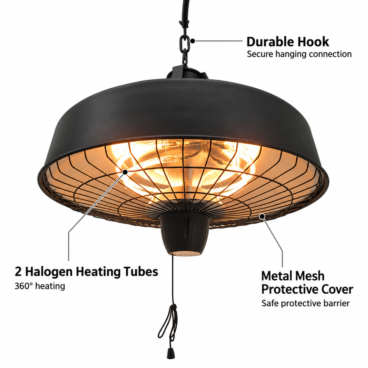 2500W Hanging Infrared Halogen Patio Heater with Light – Black — photo 3
