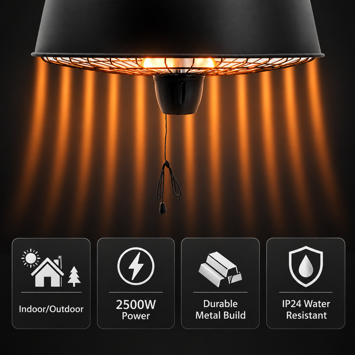 2500W Hanging Infrared Halogen Patio Heater with Light – Black — photo 5